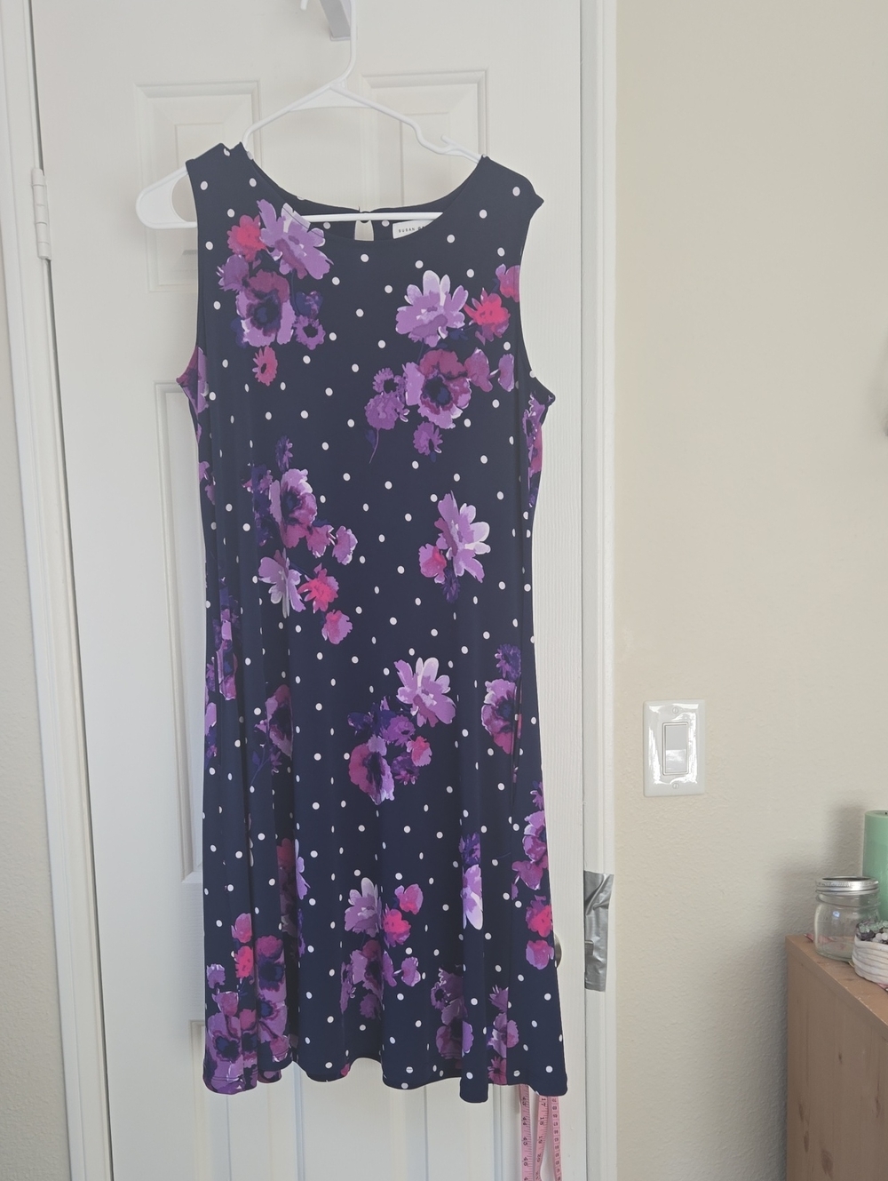 Susan Graver Navy Floral Polka Dot Sleeveless Midi Dress  NWOT